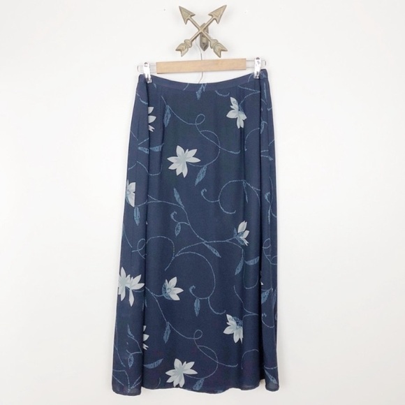100% Silk Floral Print Midi Skirt Dark Academia Cottagecore Career Casual sz 14 - Picture 2 of 9